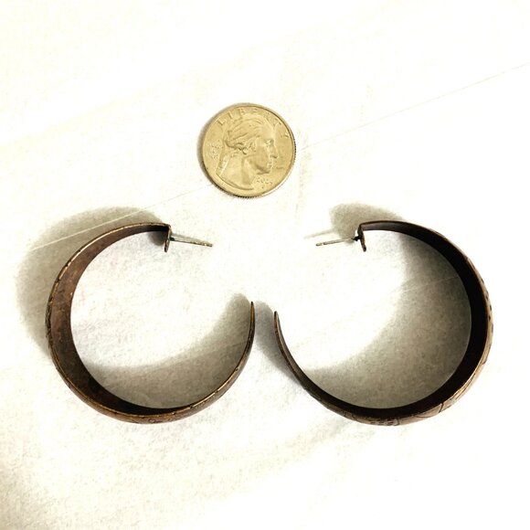 Earrings Large Hoops Copper 1977 Indian Aztec Engravings Vintage - Picture 3 of 7
